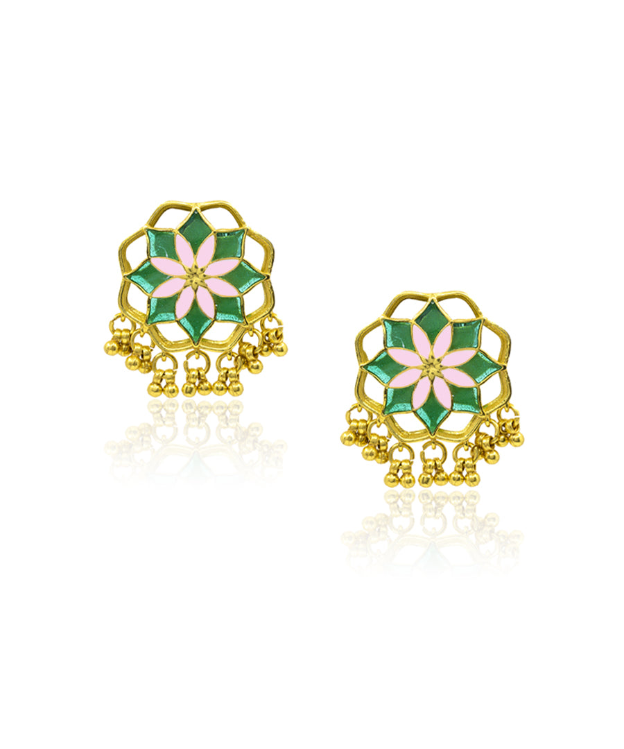 Gul Kumud Stud Earrings — Green & Pink Meenakari with Gunghroo