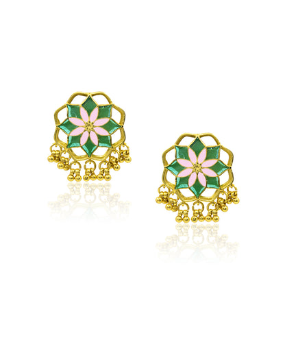 Gul Kumud Stud Earrings — Green & Pink Meenakari with Gunghroo
