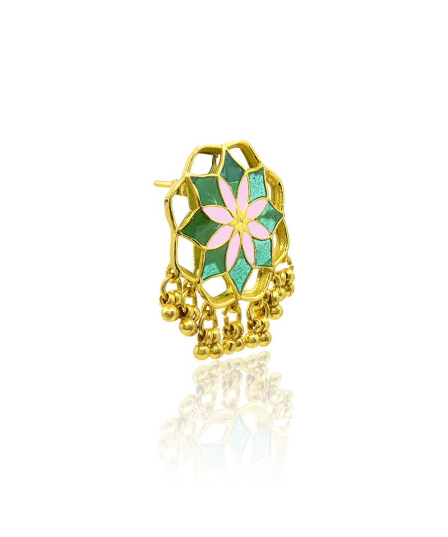 Gul Kumud Stud Earrings — Green & Pink Meenakari with Gunghroo