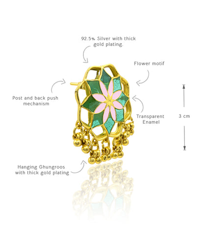 Gul Kumud Stud Earrings — Green & Pink Meenakari with Gunghroo