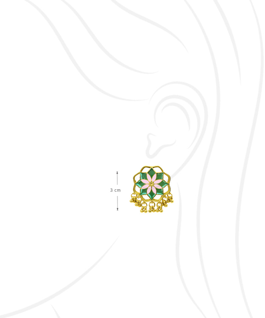 Gul Kumud Stud Earrings — Green & Pink Meenakari with Gunghroo