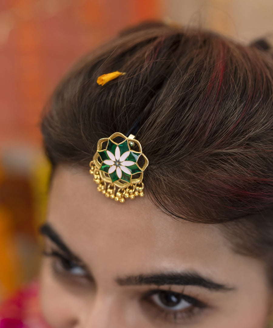 Gul Kumud Stud Earrings — Green & Pink Meenakari with Gunghroo