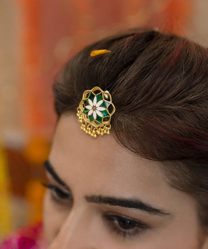 Gul Kumud Stud Earrings — Green & Pink Meenakari with Gunghroo