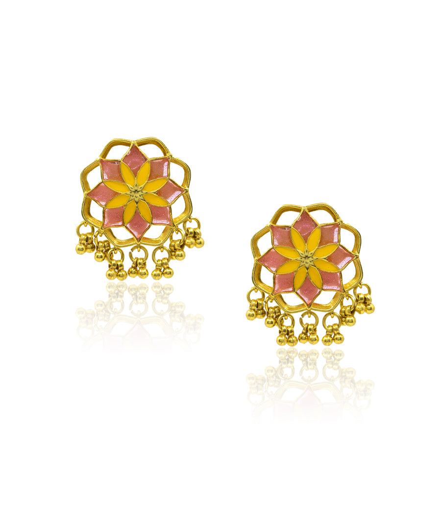 Gul Kumud Stud Earrings — Pink & Yellow Meenakari with Gunghroo