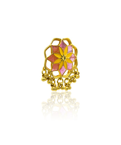 Gul Kumud Stud Earrings — Pink & Yellow Meenakari with Gunghroo