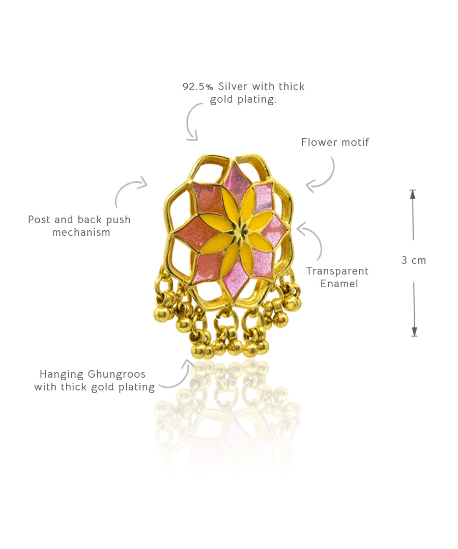 Gul Kumud Stud Earrings — Pink & Yellow Meenakari with Gunghroo