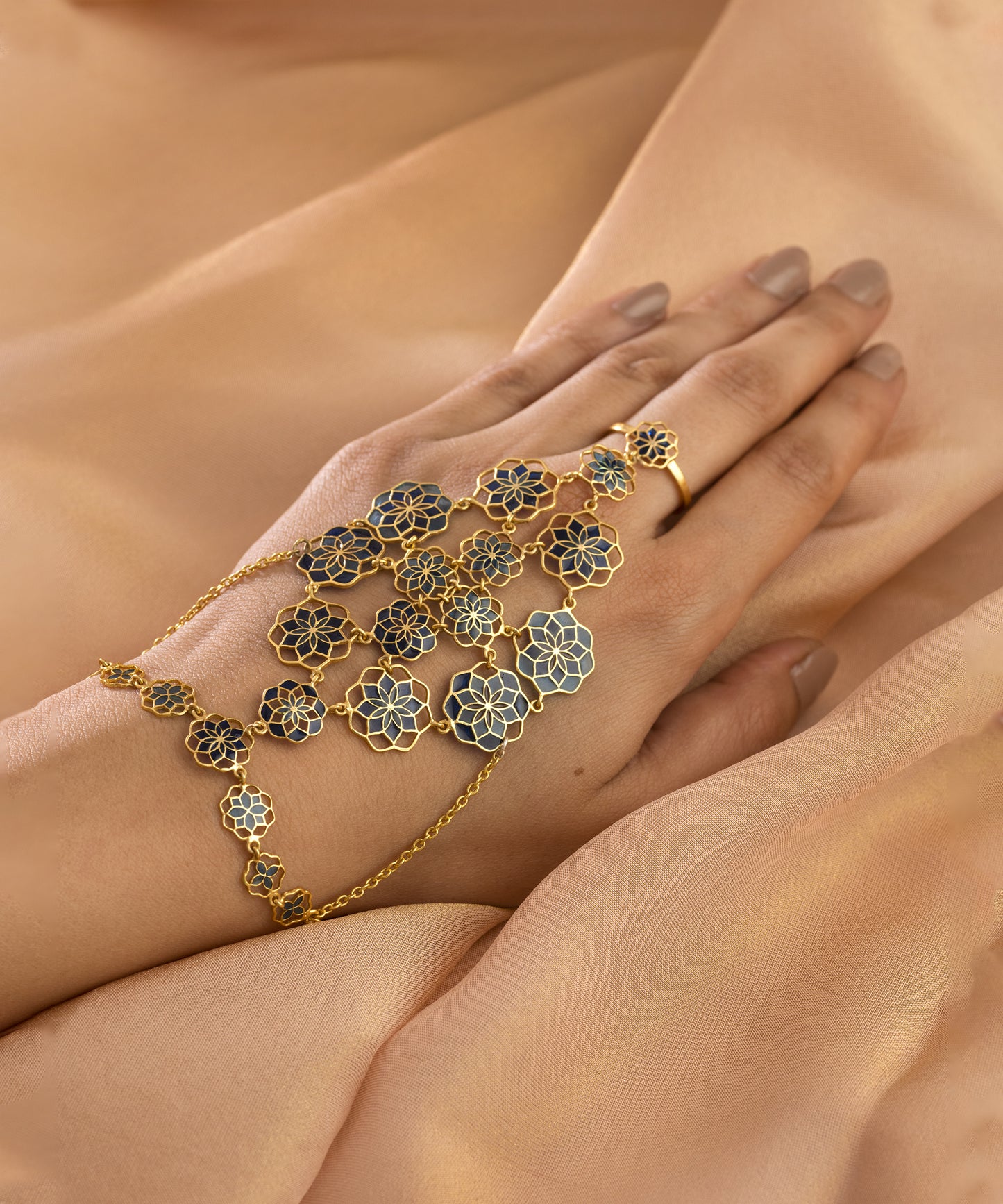 Gul Handcrafted 925 Silver Haathphool - Blue Meenakari