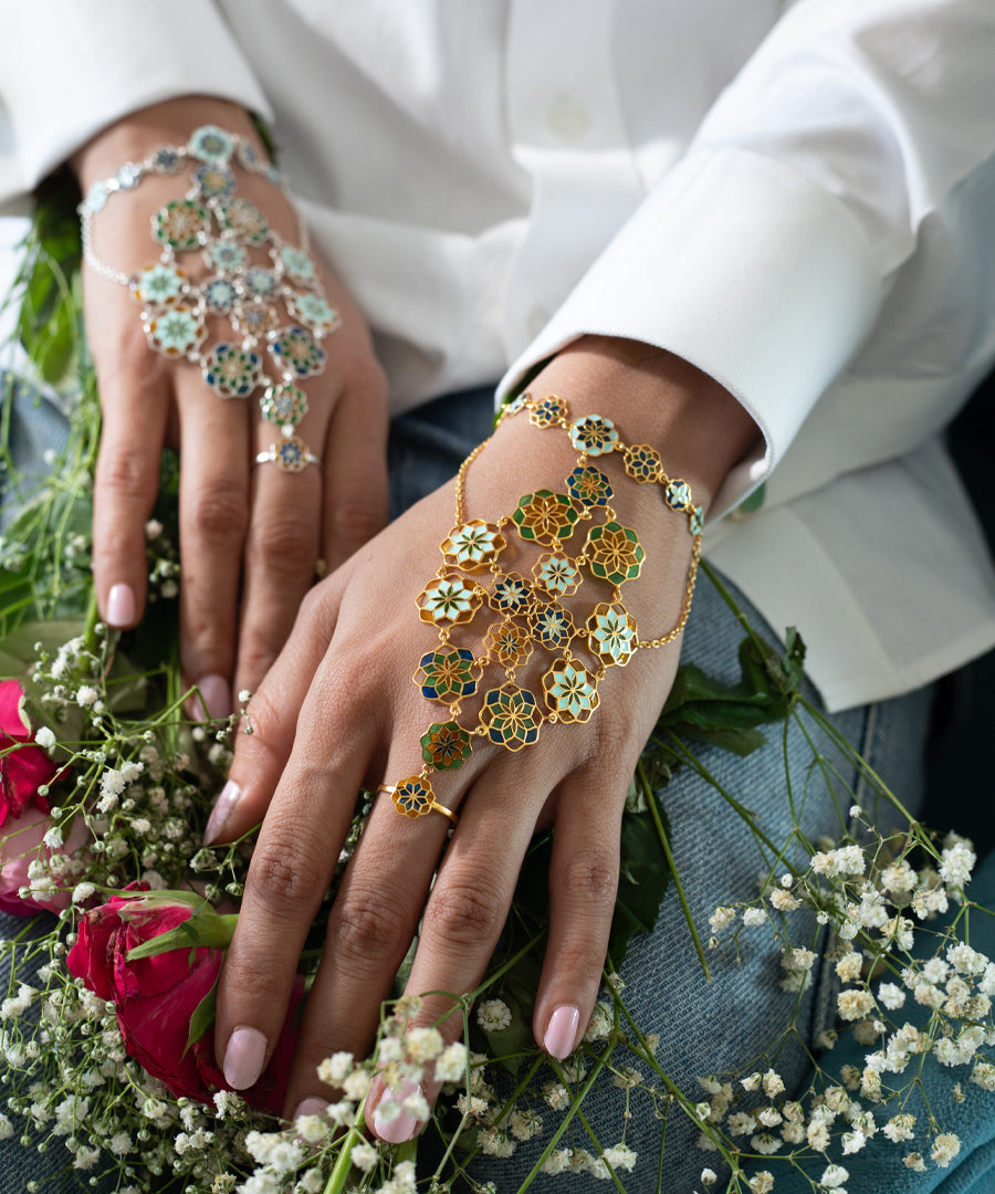 Gul Breezy Blue Haathphool - 925 Silver - Gold Plated