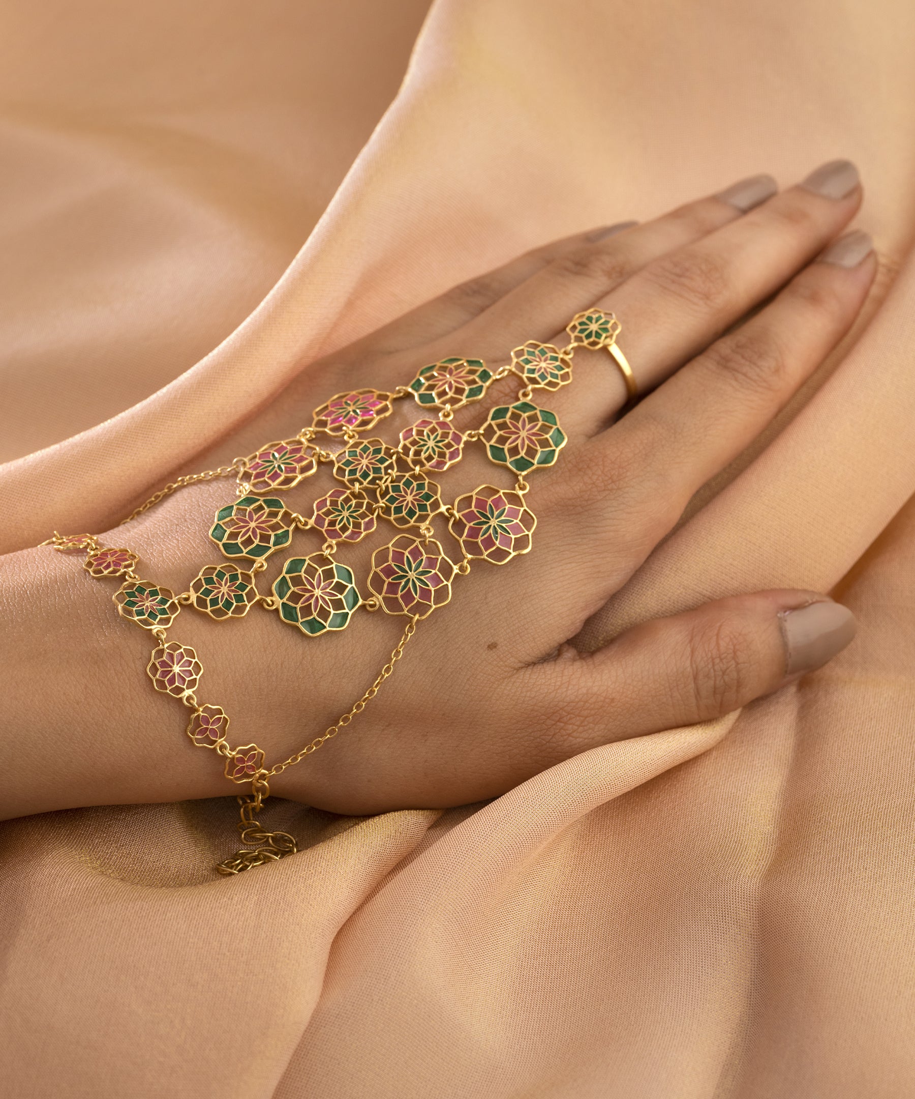 Adjustable enamelled 925 silver hathphool gold plated bracelet for wedding and festivals.