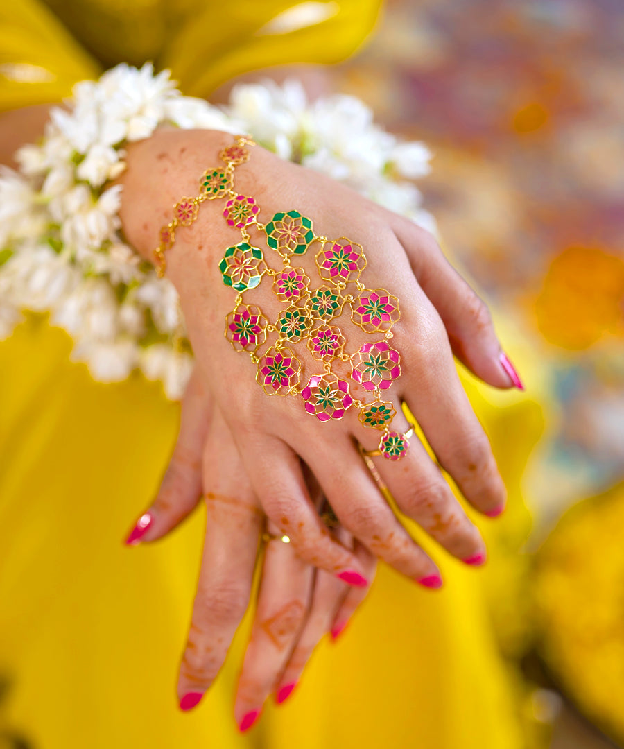 925 silver gold plated haathphool with rani pink enemel work 