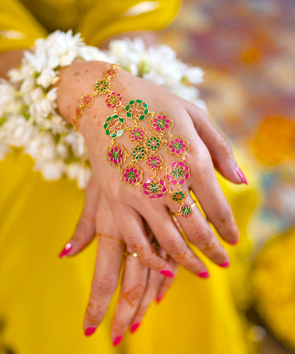 925 silver gold plated haathphool with rani pink enemel work 