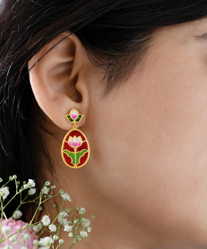 Padma Lotus Drop Earrings - Red Meenakari