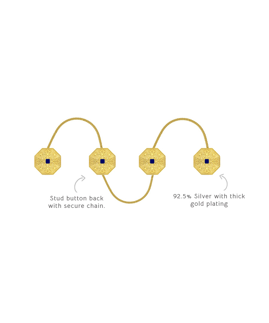 Stud button back with secure chain. 92.5% silver with thick gold plating.