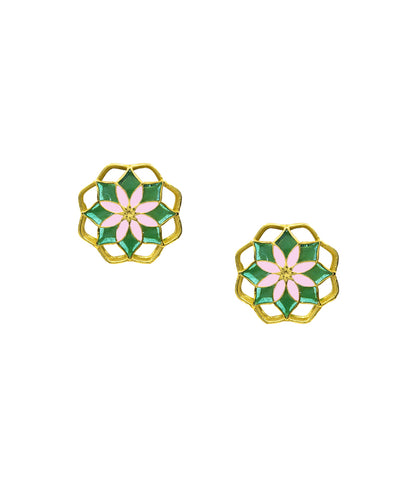 Gul Kusum Stud Earrings — Green & Pink Meenakari