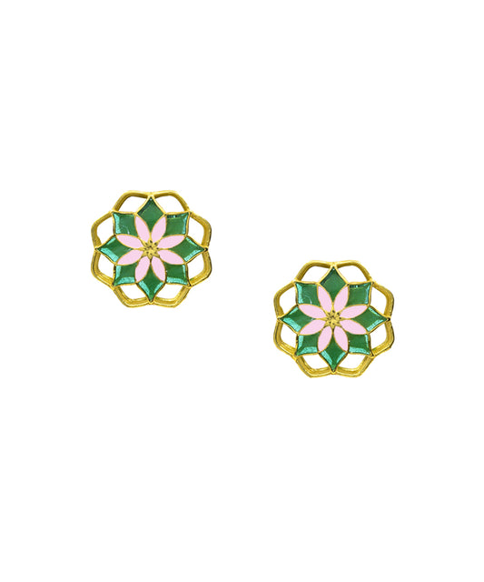 Gul Kusum Stud Earrings — Green & Pink Meenakari