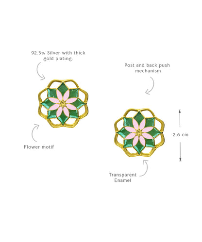 Gul Kusum Stud Earrings — Green & Pink Meenakari