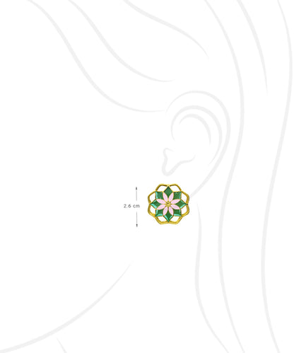 Gul Kusum Stud Earrings — Green & Pink Meenakari