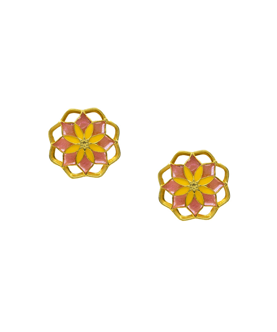 Gul Kusum Stud Earrings — Pink & Yellow Meenakari