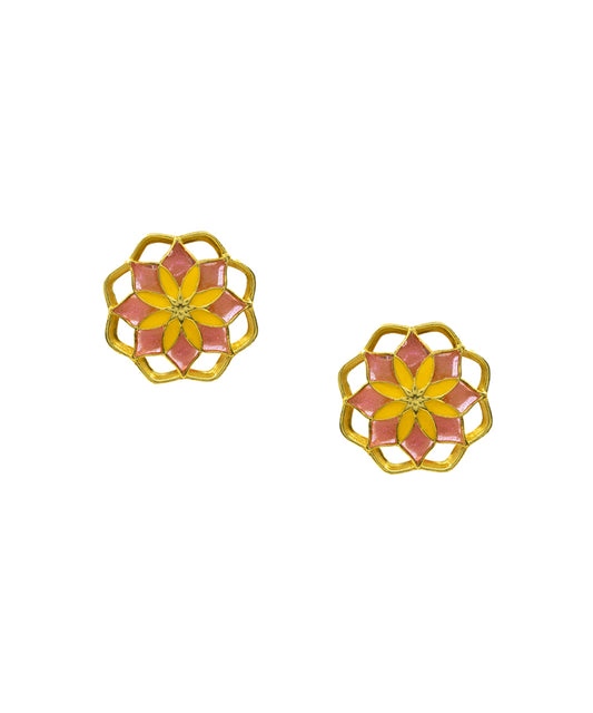Gul Kusum Stud Earrings — Pink & Yellow Meenakari