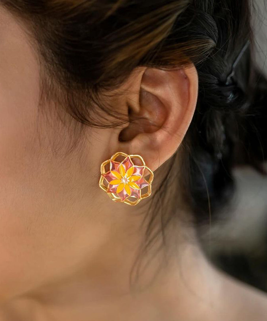 Gul Kusum Stud Earrings — Pink & Yellow Meenakari