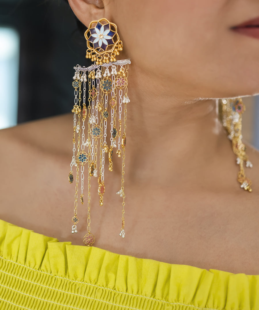 Gul Dangling Gulbaari Chain Earrings with detachable Stud - Two tone Statement Jewelry