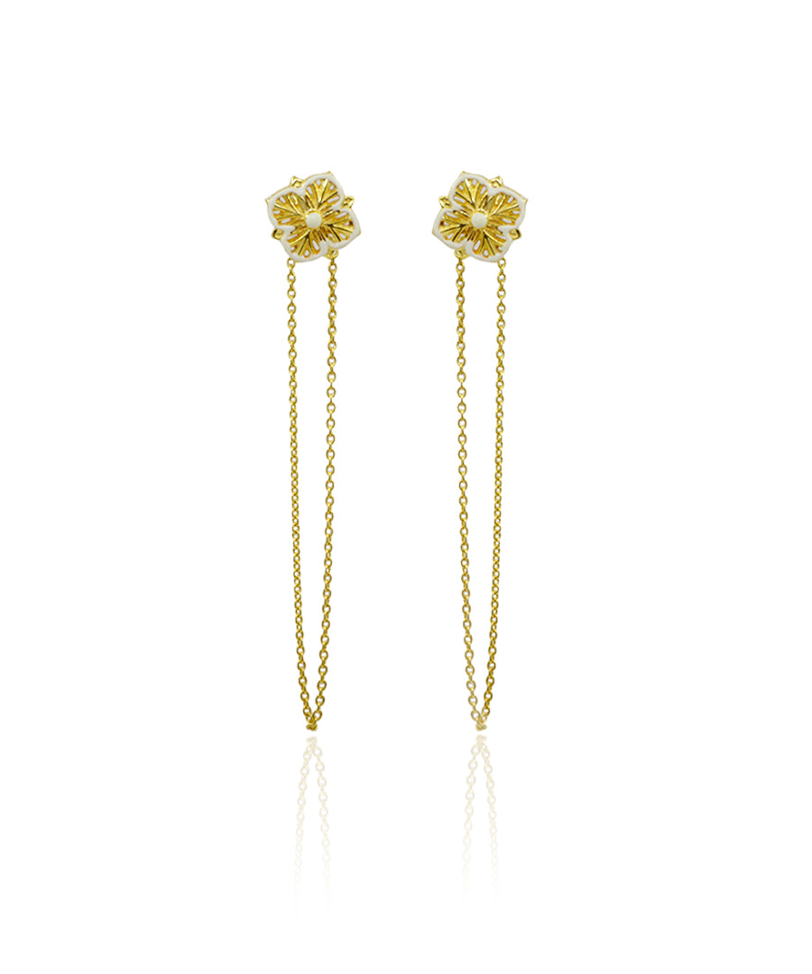 Golden Magnolia Long Chain Earrings - Ivory Enamel