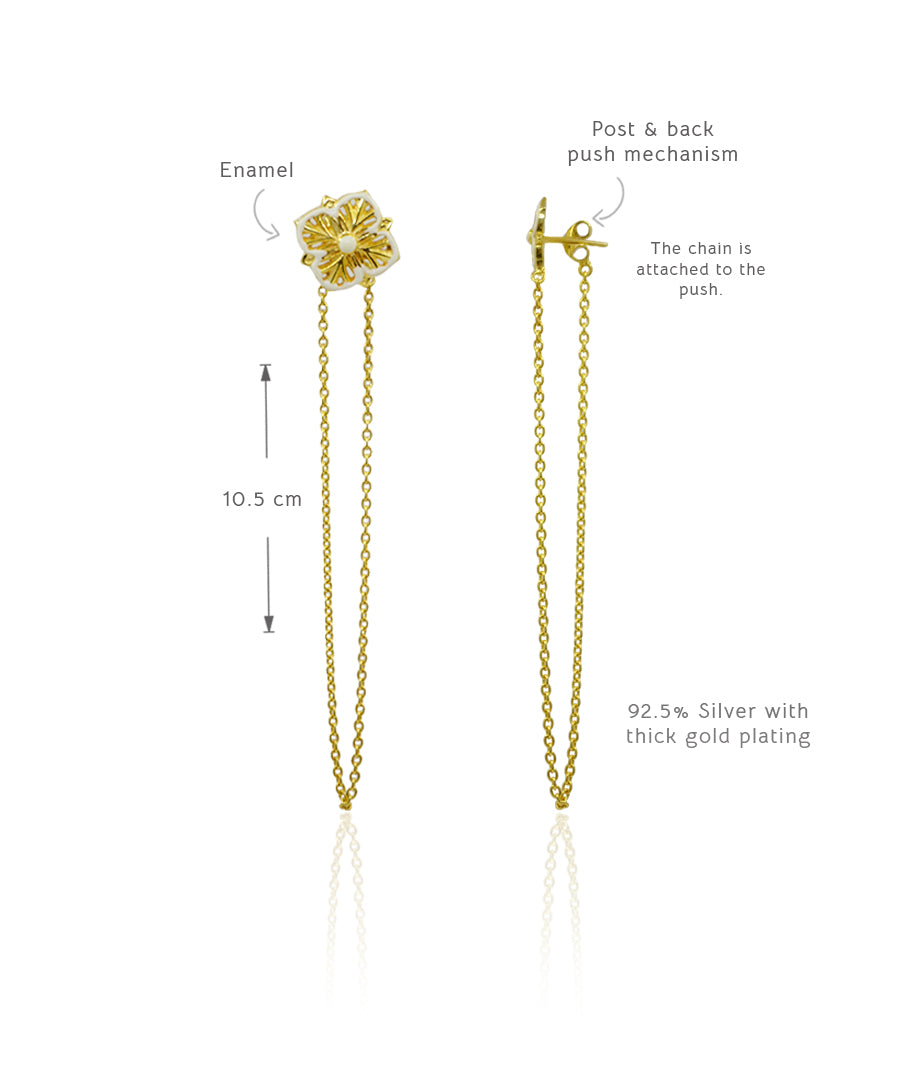 Golden Magnolia Long Chain Earrings - Ivory Enamel