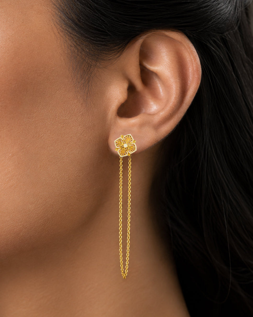 Golden Magnolia Long Chain Earrings - Ivory Enamel