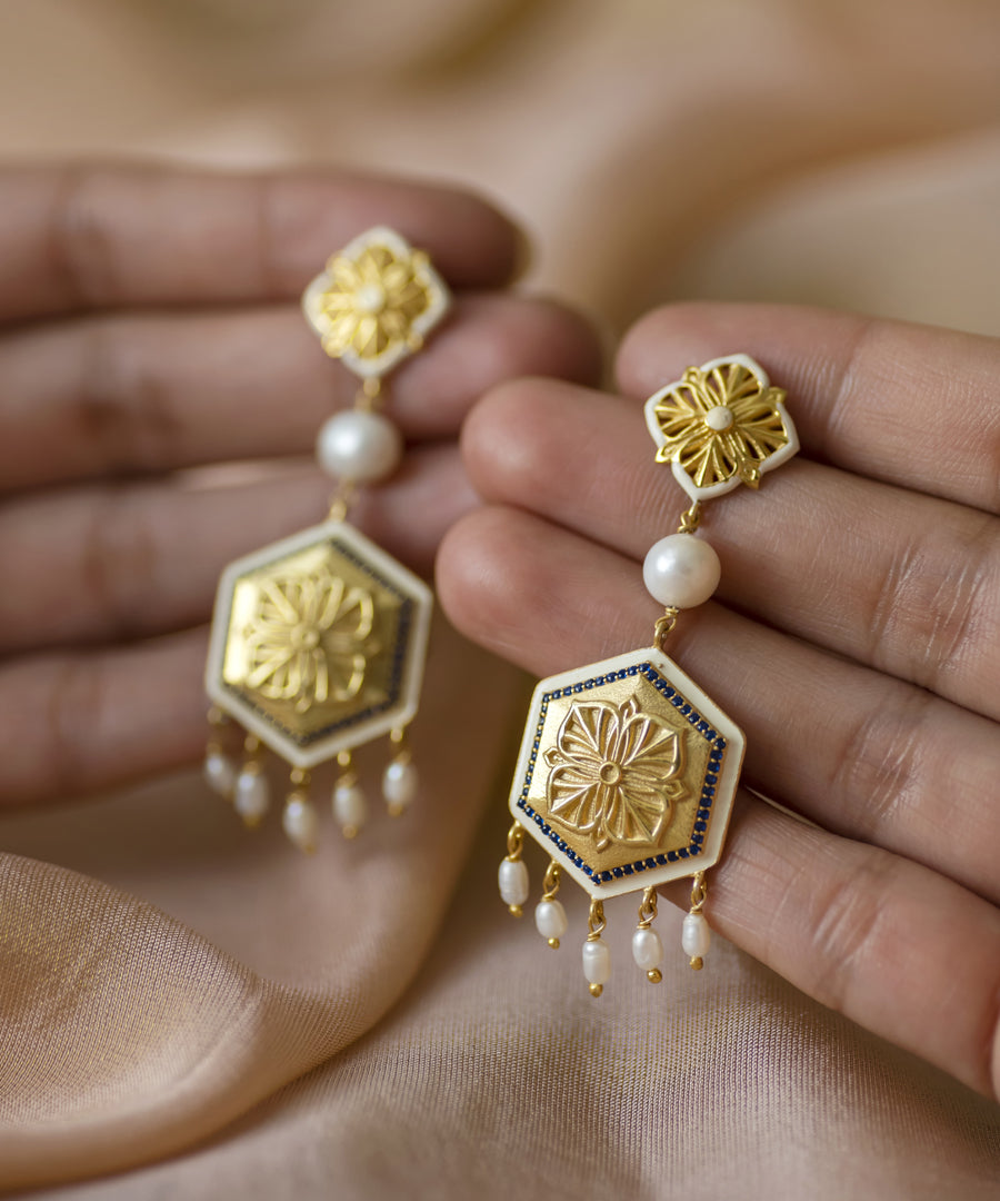 Golden Blue Zircon Magnolia Long Earrings