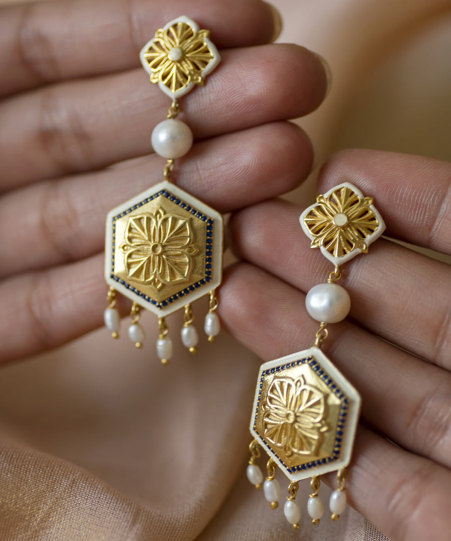 Golden Blue Zircon Magnolia Long Earrings