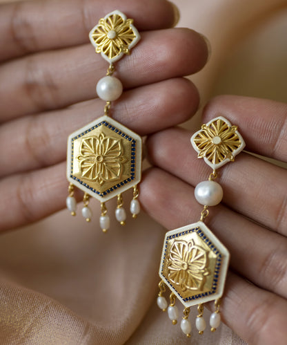 Golden Blue Zircon Magnolia Long Earrings