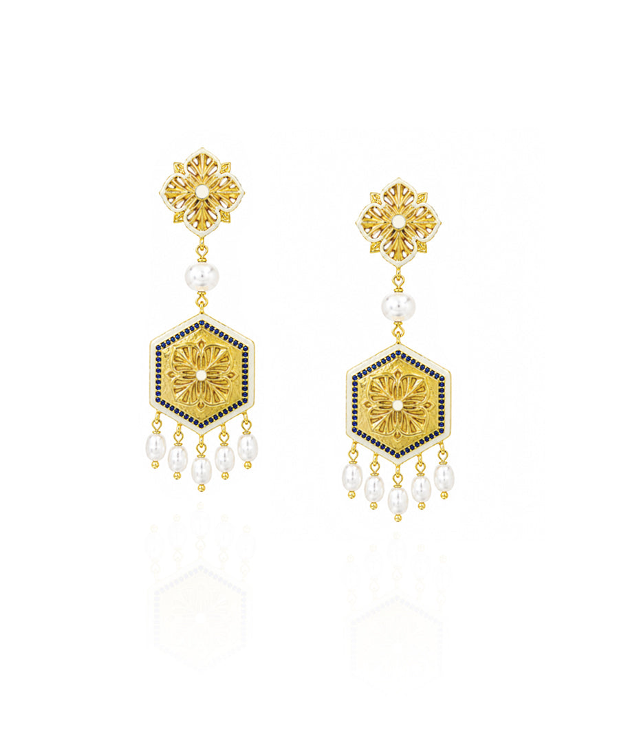 Golden Blue Zircon Magnolia Long Earrings