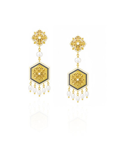Golden Blue Zircon Magnolia Long Earrings