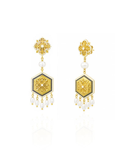 Golden Blue Zircon Magnolia Long Earrings