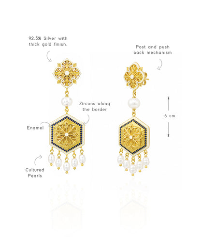 Golden Blue Zircon Magnolia Long Earrings