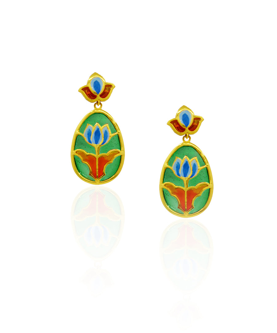 Padma Lotus Drop Earrings - Green Meenakari