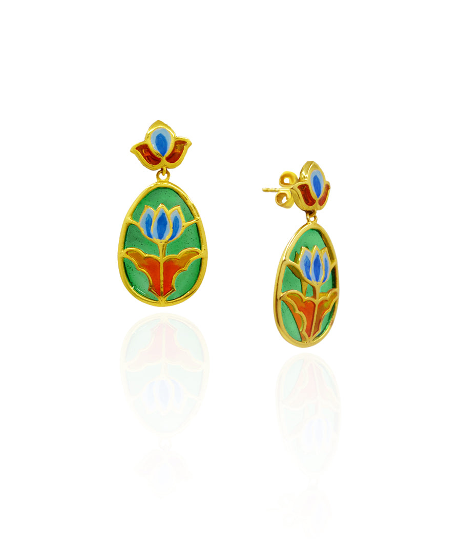 Padma Lotus Drop Earrings - Green Meenakari