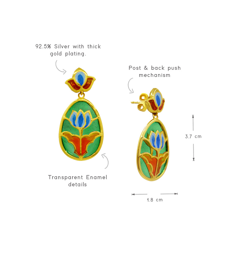 Padma Lotus Drop Earrings - Green Meenakari
