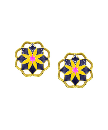 Gul Mudita Stud Earrings — Indigo & Yellow Meenakari