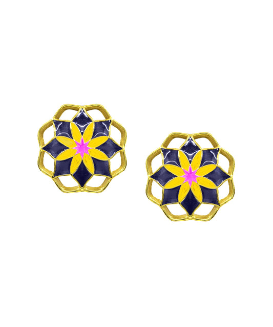 Gul Mudita Stud Earrings — Indigo & Yellow Meenakari