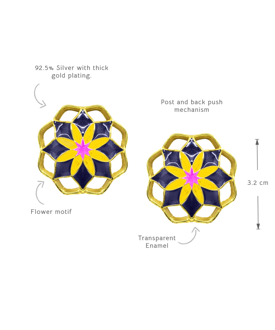 Gul Mudita Stud Earrings — Indigo & Yellow Meenakari