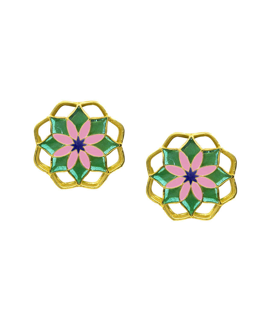 Gul Mudita Stud Earrings — Green & Pink Meenakari
