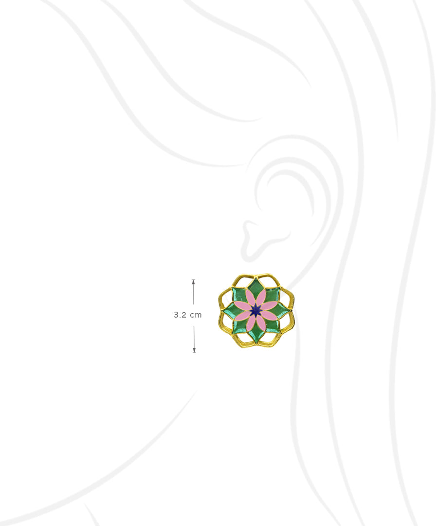 Gul Mudita Stud Earrings — Green & Pink Meenakari