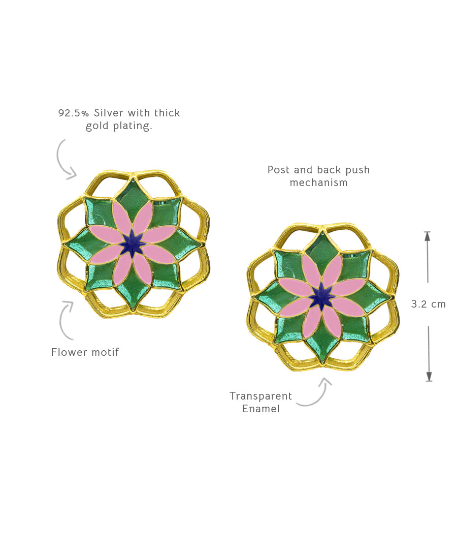 Gul Mudita Stud Earrings — Green & Pink Meenakari