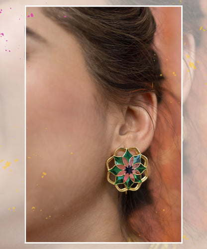 Gul Mudita Stud Earrings — Green & Pink Meenakari