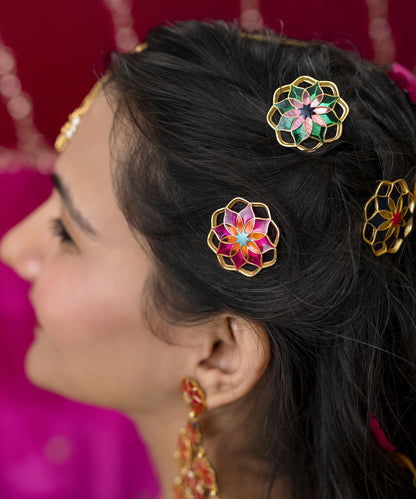 Gul Mudita Stud Earrings — Green & Pink Meenakari