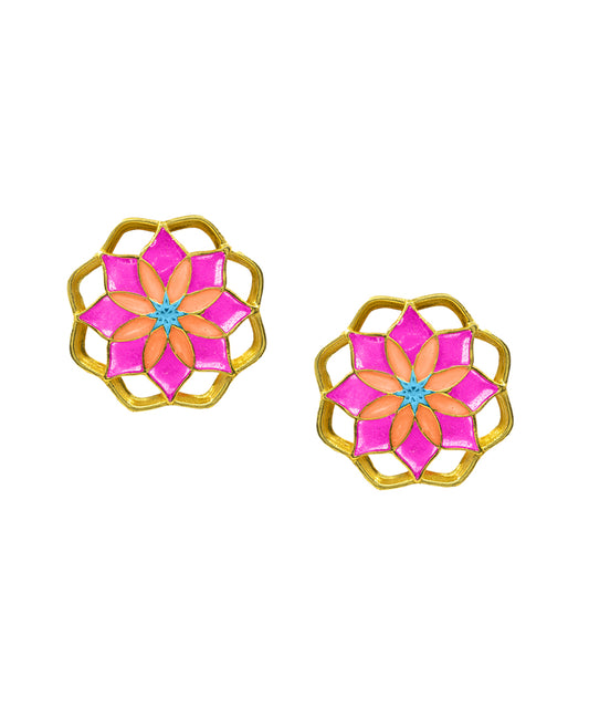 Gul Mudita Stud Earrings — Hot Pink & Orange Meenakari
