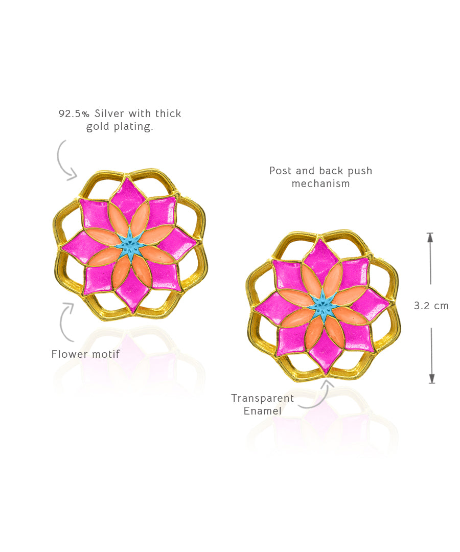 Gul Mudita Stud Earrings — Hot Pink & Orange Meenakari