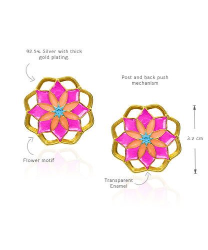 Gul Mudita Stud Earrings — Hot Pink & Orange Meenakari