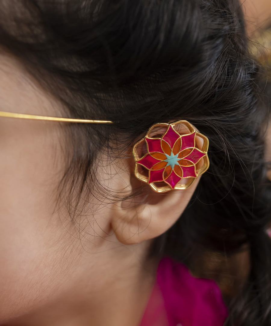 Gul Mudita Stud Earrings — Hot Pink & Orange Meenakari